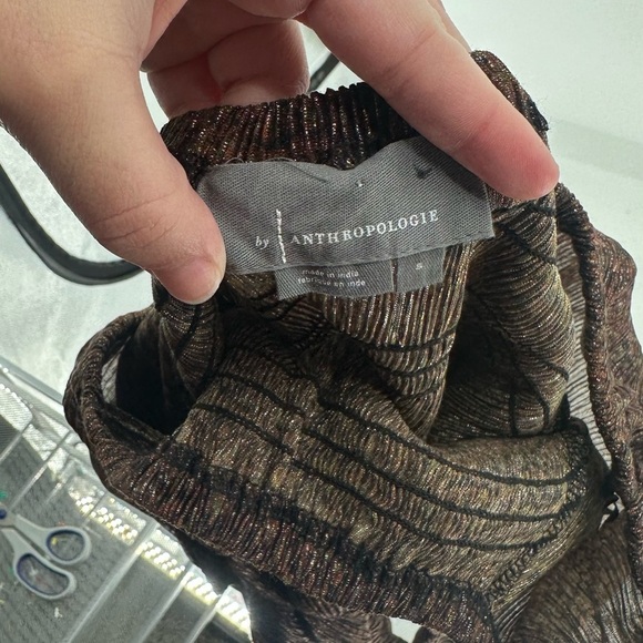 Anthropologie Brown Blouse with Puff Sleeves and Smocked Fit Size Small Sparkle - Picture 4 of 6